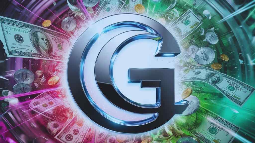 A metallic "G" logo is surrounded by swirling U.S. dollars, coins, and digital icons, set against a vibrant background of pink and green, conveying a sense of financial growth and technology.