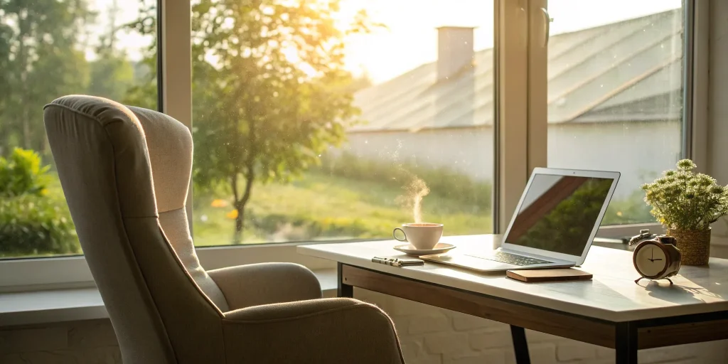Laptop, coffee, and clock in a home office setting. Recovery-focused marketing tools.