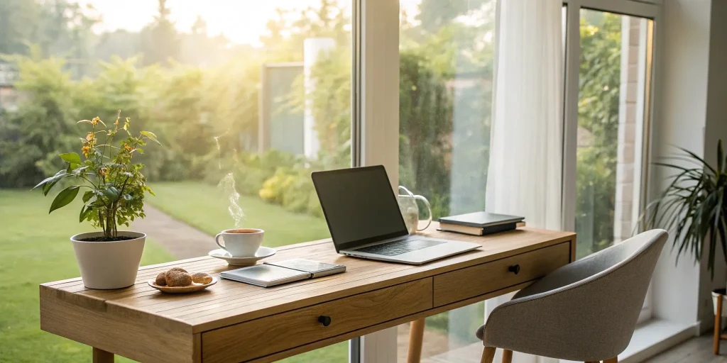 Home healthcare marketing tools on desk.