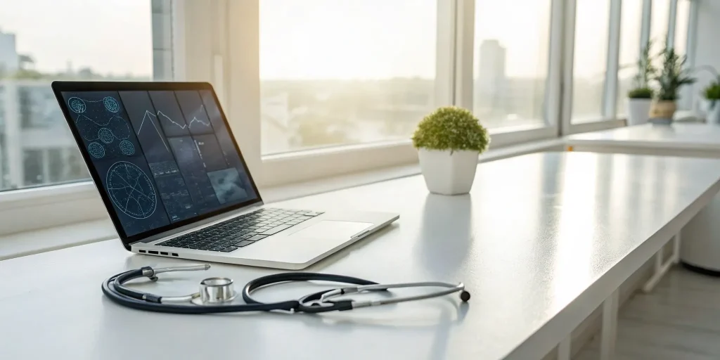 EMR software on a laptop with a stethoscope.