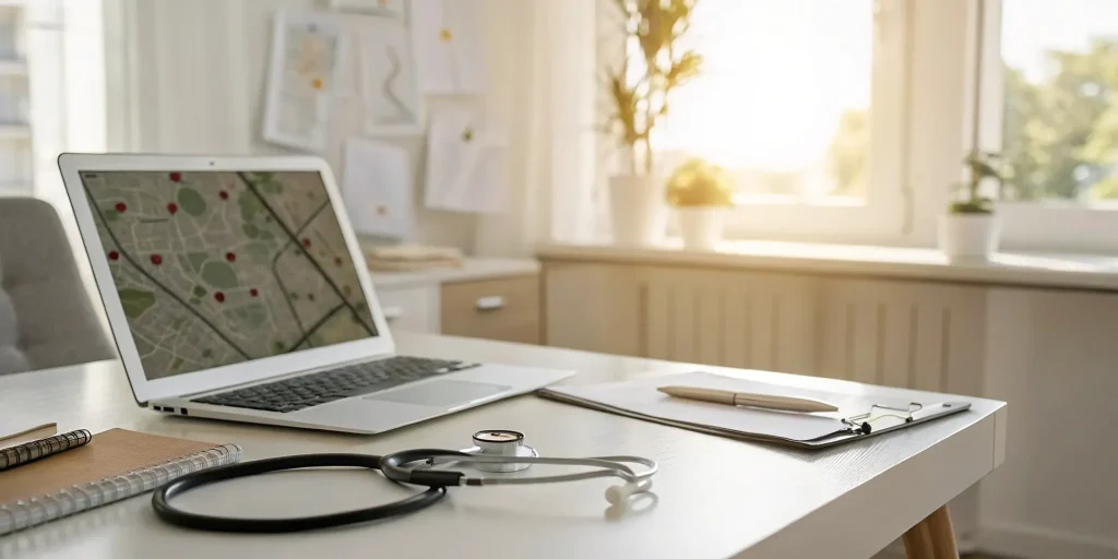 Doctor's desk with stethoscope, clipboard, and laptop displaying a map. SEO for doctors.