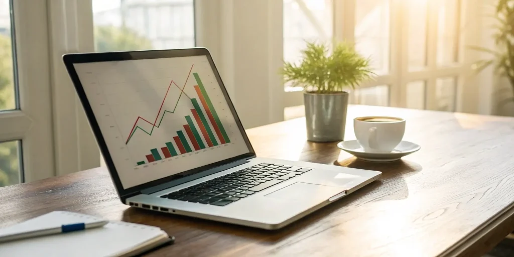 Healthcare SEO data and charts on a laptop.