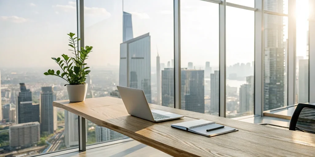 Healthcare strategy career planning tools on desk overlooking city.