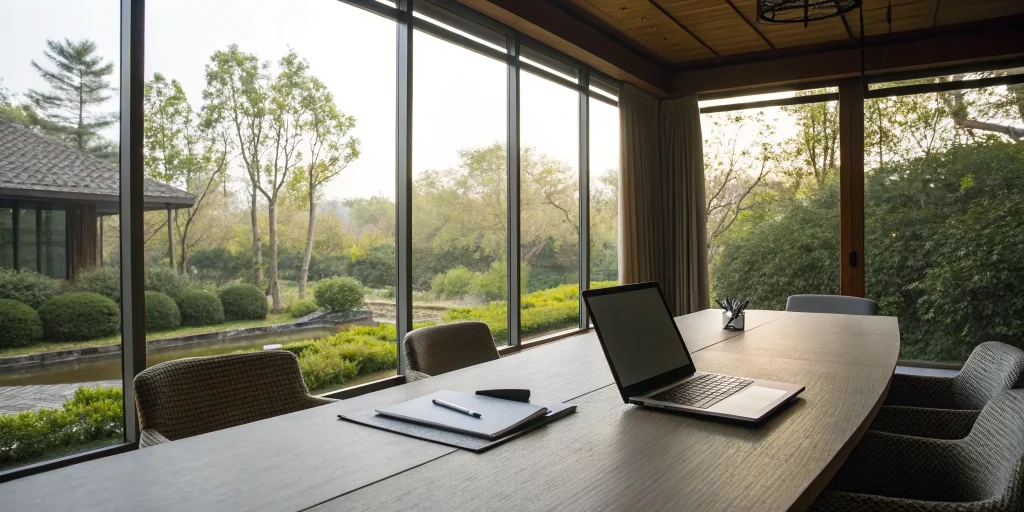 Laptop, documents, and lush garden view. CRO training for addiction treatment centers.