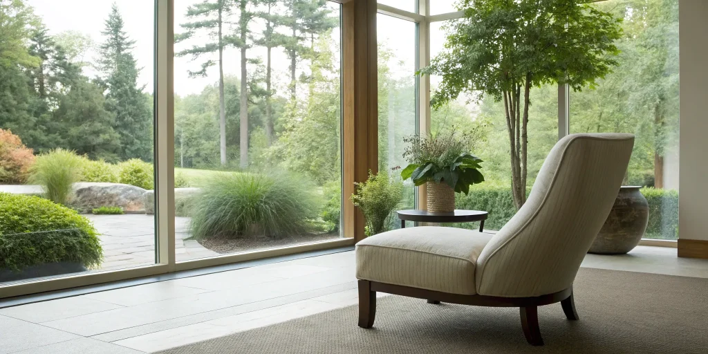 Spa-like treatment center waiting room with natural light.
