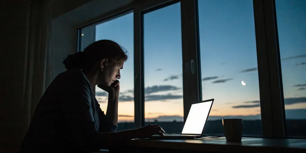 Late-night laptop use, hinting at digital addiction.