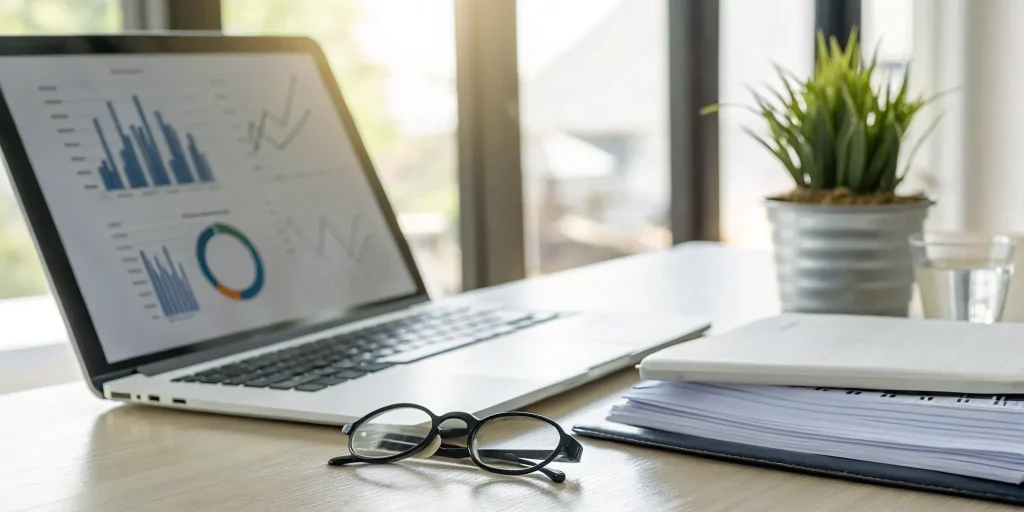Home health care marketing plan on laptop with notebook and glasses.