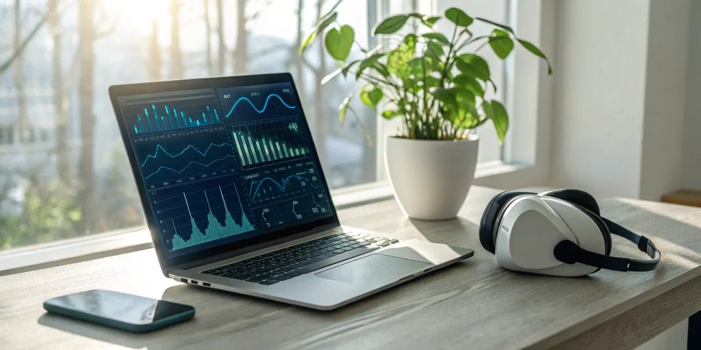 Mental health tech data displayed on laptop with headphones and plant.