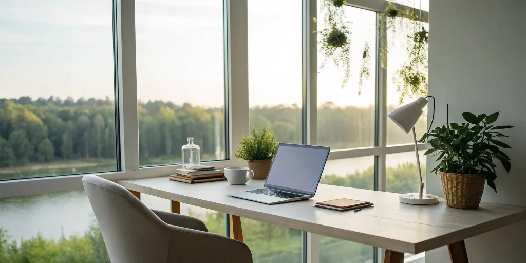 Laptop, plants, and natural light. Rehab SEO workspace.