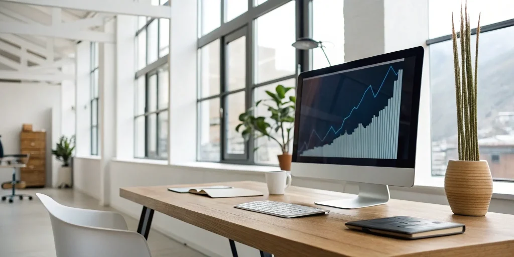 Growth chart on a computer in an office.